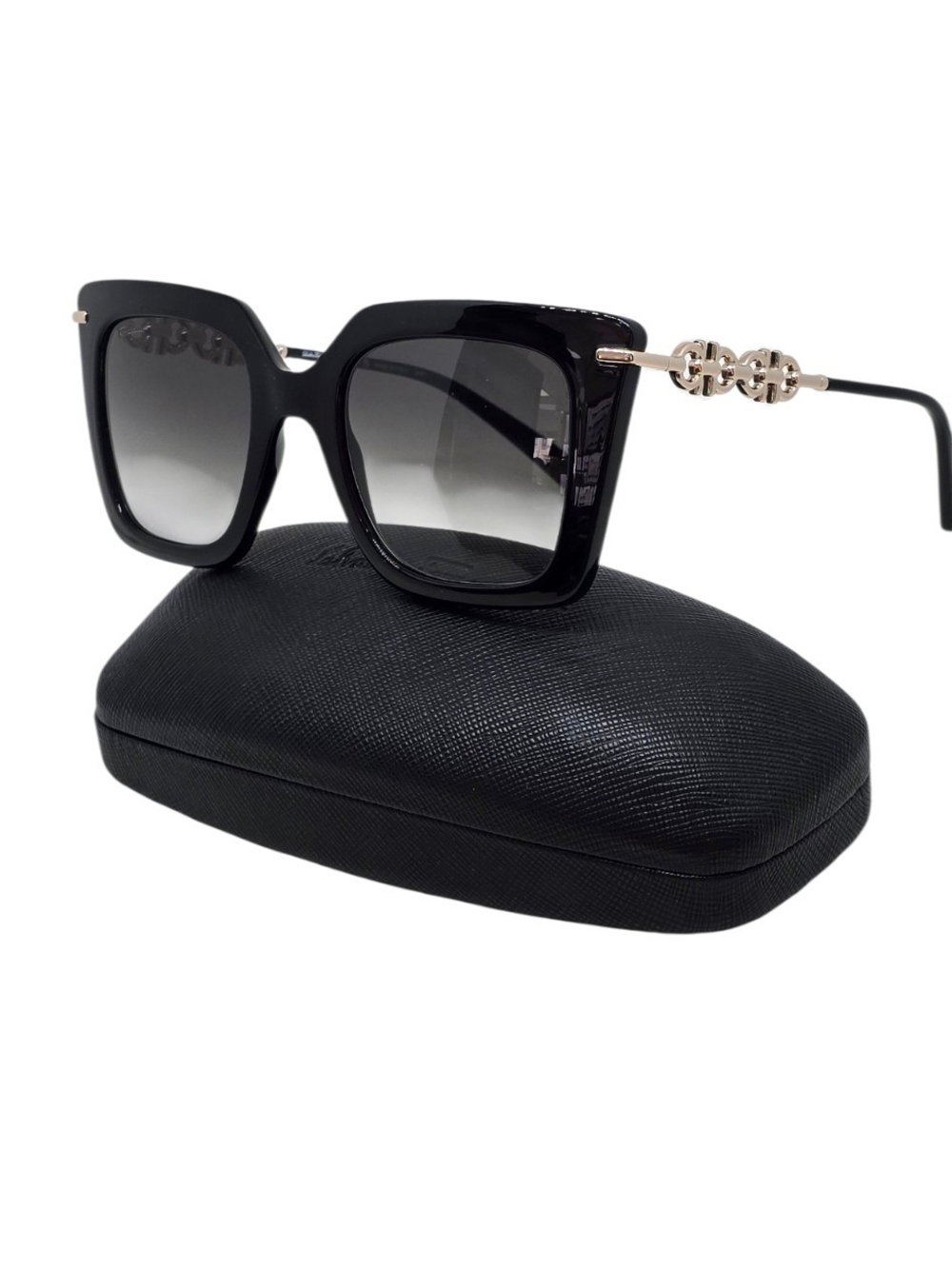 SALVATORE FERRAGAMO Women's Black Square Sunglasses with Gold Accent